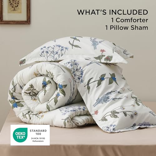 Image of Bedsure Twin /Twin XL Comforter Set - Twin Extra Long Comforter Set, Cute Floral Dorm Bedding, 2 Pieces, 1 Soft Reversible Coconut White Botanical Flowers Comforter and 1 Pillow Sham
