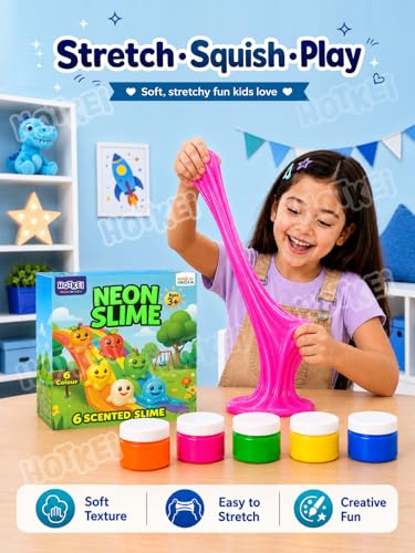 Image of HOTKEI Pack of 6 Neon Colored Slime Multicolor Fruit Scented DIY Toy Slimy Slime Gel Jelly Putty Set Art kit Birthday Toys Gift for Boys Girls Kids 3 to 10 Years 300 gm
