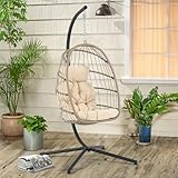 Hanging Egg Swing Chair with Stand and Weather Cover, Foldable for Indoor Outdoor, Wicker Rattan Basket with Cushion for Bedroom, Patio, Porch