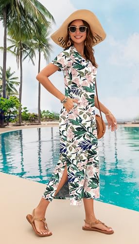 Image of MISFAY Womens Maxi Dress Short Sleeve V Neck Loose with Pockets | Soft stretchy breathable, v neck loose fit, side split hem, two side pockets, casual daily beach vacation travel dress