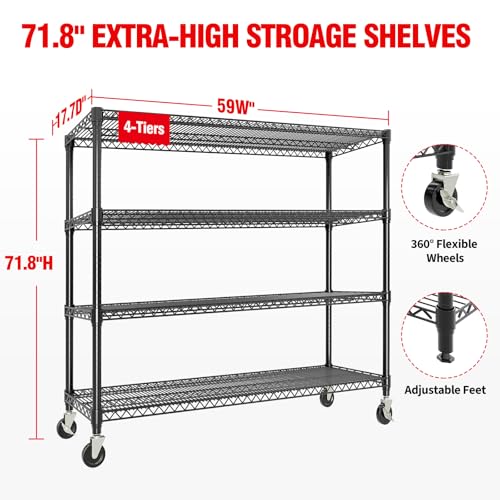 Garvee 4-Tiers Storage Shelves Heavy Duty Garage Shelving Units with Wheels 59" W x 71.8" H, 2640LBS Rolling Wire Shelving Rack, Adjustable Shelf for Garage Kitchen Warehouse Industrial Pantry image 10