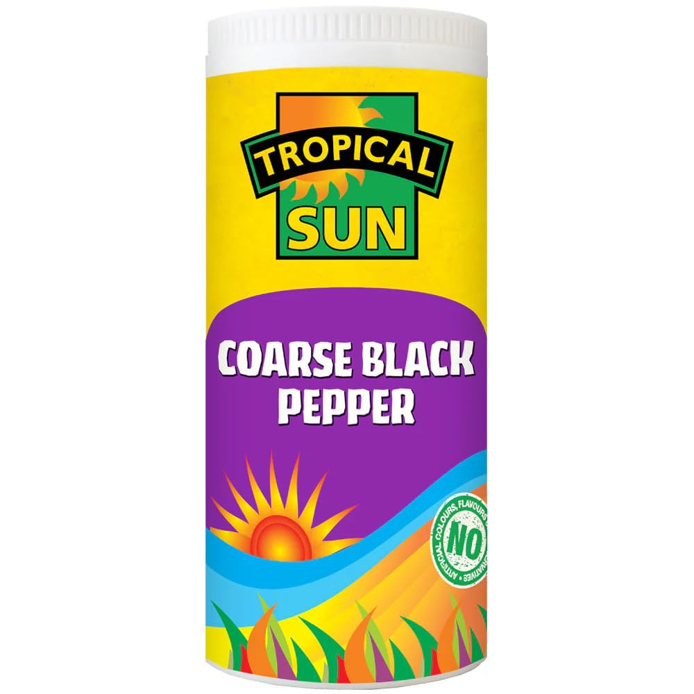 Tropical Sun Coarse Black Pepper – Coarsely Ground Peppercorns for Seasoning, Adds Earthy Heat to Meats, Stews, Soups & Salads, 80g Jar