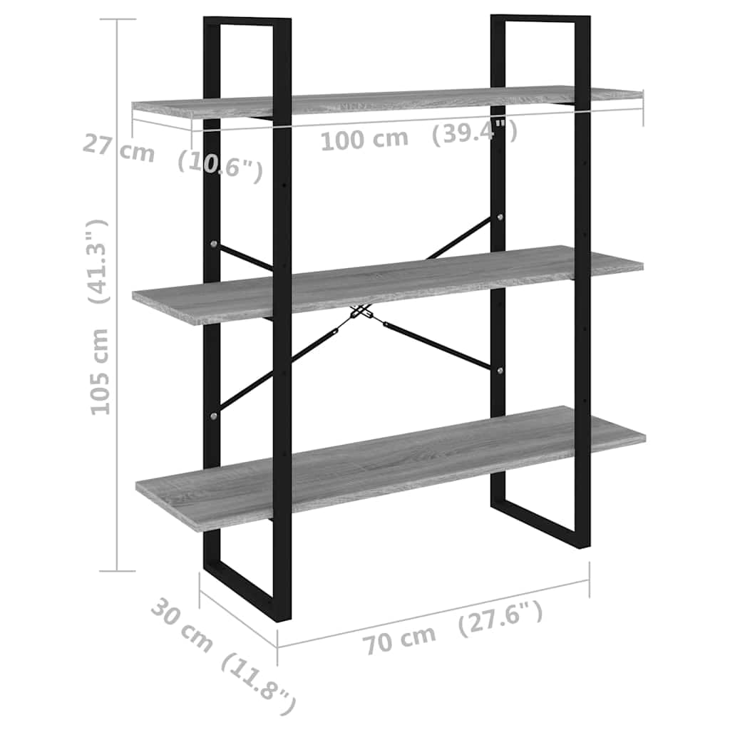 Libreria grigia, in legno Sonoma, con struttura in metallo, 100 x 30 x 105 cm, per soggiorno, ufficio, studio, organizer