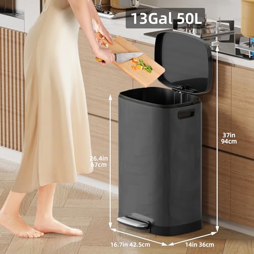 Image of KUK 13 Gallon Kitchen Trash Can with Lid, 50L /13Gal Office Step Garbage Can for Home, Kitchen, Laundry Room, Office, Titanium Black