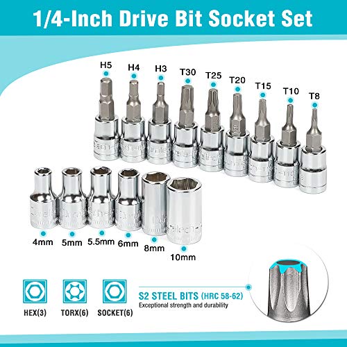 DURATECH 1/4 Inch Drive Click Torque Wrench, Torque Wrenches Set, 1/4 Inch Pound Torque Wrench, 40-200 In.-lb, Quick-release Reversible, 72 Tooth with Bit Socket Set, Storage Case Included