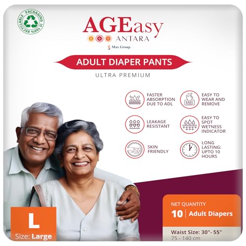 Image of AGEasy (Max Group) Unisex Adult Diaper Pants | L (Waist 30-55 inches) | 10 Units | Overnight Leak Protection | Wetness Indicator | Odour Lock | Anti-Bacterial | Skin Friendly (Pack of 6)