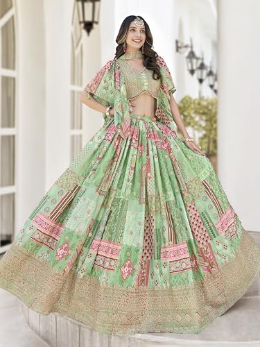 Image of Women's Digital Print With Zari Dori Embroidery Work Chinnon Silk Lehenga Choli With Dupatta (Women-Lehenga-Choli-New; Free size)