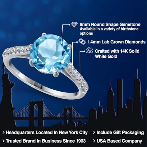 Gem Stone King 14K White Gold Swiss Blue Topaz and White Lab Grown Diamond Engagement Ring For Women | 3.26 Cttw | Round 9MM | Gemstone November Birthstone | Available in Size 5,6,7,8,92