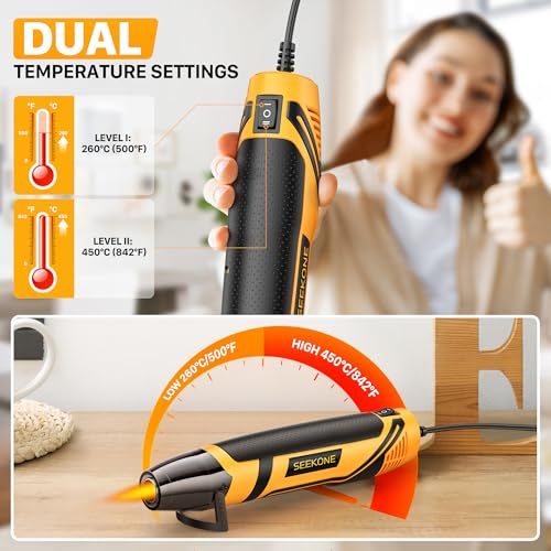 SEEKONE Mini Heat Gun, 350W 2-Temp Settings 500℉ & 842℉(260℃& 450℃) Fast Heat Hot Air Gun Tool with Reflector Nozzle and 4.9Ft Long Cable Overload Protection for Crafting, Vinyl Wrap and Shrink Tubing - Image 2