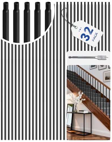 32 Pack Iron Balusters for Staircase Interior 44 Inches Square Hollow Metal Balusters 1/2 Wrought Iron Stair Hand Rail Spindles Black Indoor Stair Railing Tafbrik Metal Spindles for Staircase