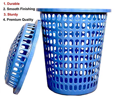 Image of Plastic Laundry Basket With Lid Big Size For Clothes 50 Litre Hamper Bag Dress Storage Toys Organiser Cover Combo With Cap Heavy Duty Round Shape (1 Pcs, Blue)