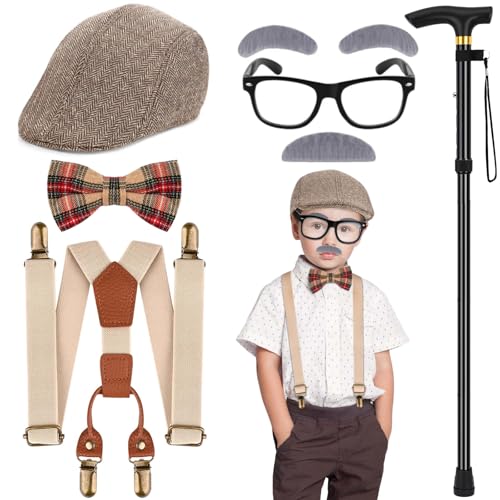 Yanbuny Old Man Costume Accessories 1920s Men Costume Set with Old Man Beret Hat Glasses Suspender Bow Tie Mustache Eyebrows Cane (Style1)