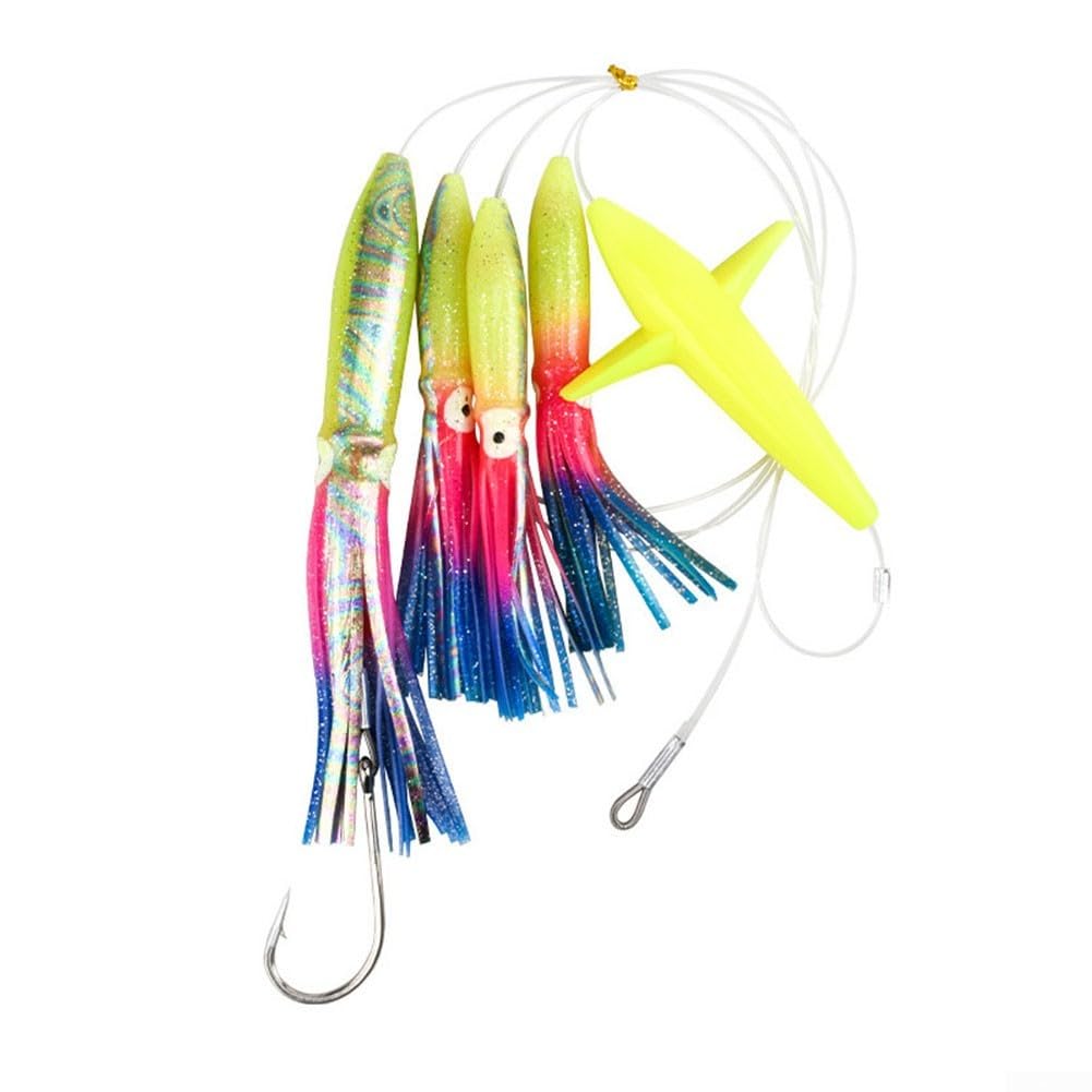 Big Game Fishing Teaser Rigged Saltwater Feather Trolling Lure for Tuna Squid with Realistic Fish Eye and Carbon Steel Hooks (C2)