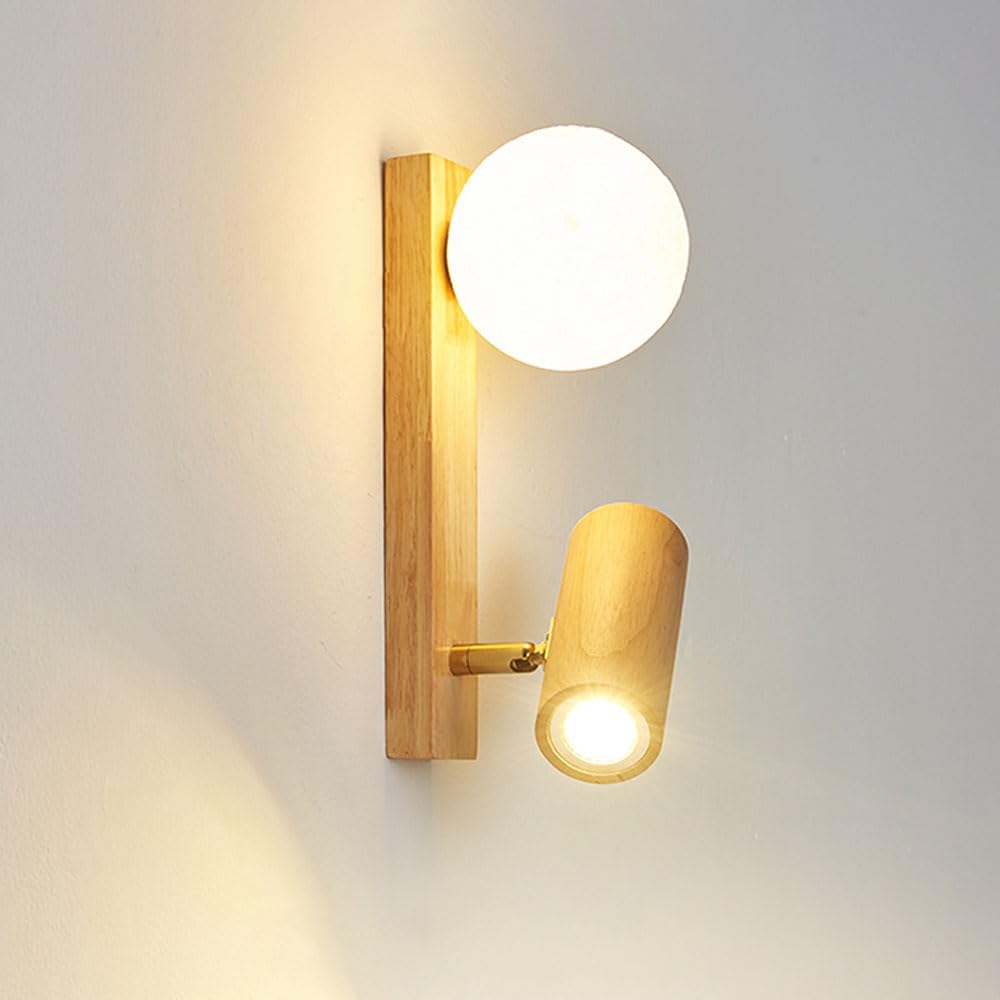 Aplique de Pared nórdico de Madera con Globo, Soporte Ajustable, luz de Lectura, Apliques de mesilla de Noche, luminaria Moderna de Madera para Dormitorio y Sala de Estar.