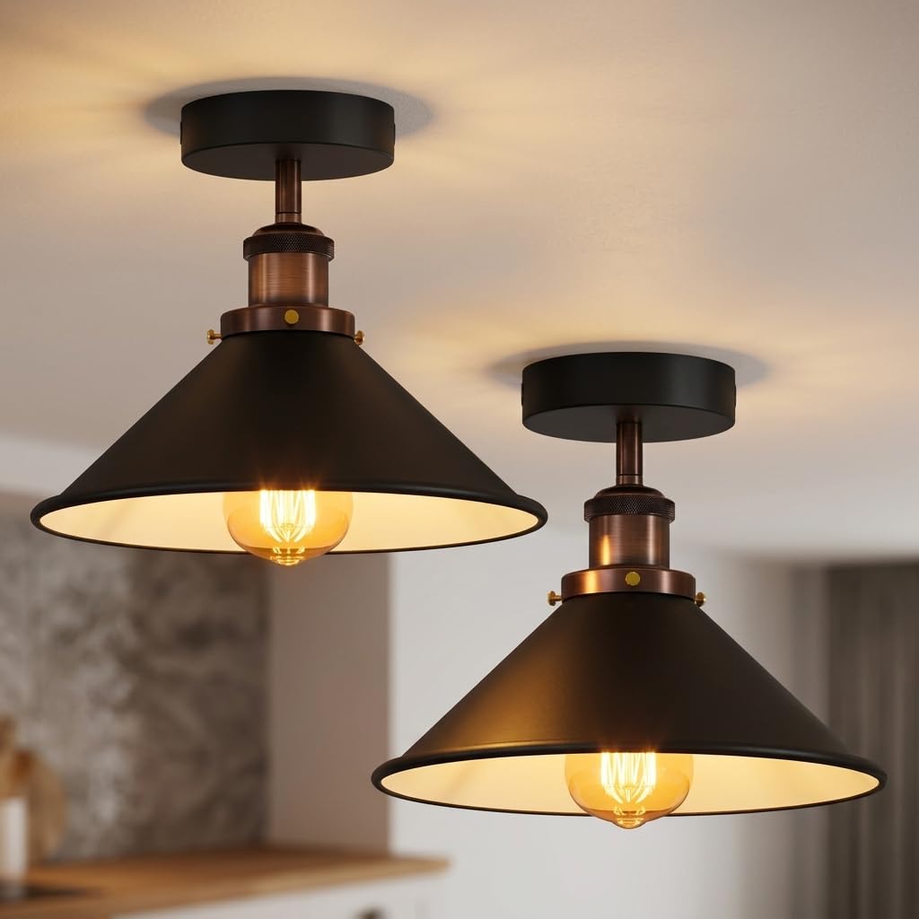 Ledsone Black Inner White Pack Of 2 Industrial Semi Flush Mount Ceiling Light 22Cm Metal Cone Shade Black White Inner E27 Ceiling Light Fitting Hardwired Vintage Farmhouse Ceiling Lamp For Kitchen Bedroom Hallway