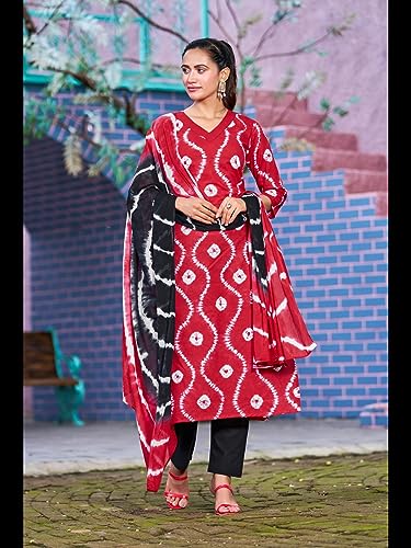 Image of GoSriKi Women's Cotton Blend Straight Printed Kurta with Pant & Dupatta