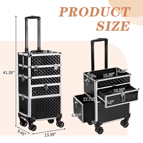 Rolling Makeup Train Case, 4-Tier Professional Cosmetic Organizer with Wheels, Black Diamond Pattern, 13.4 x 9.4 x 28.5 inches