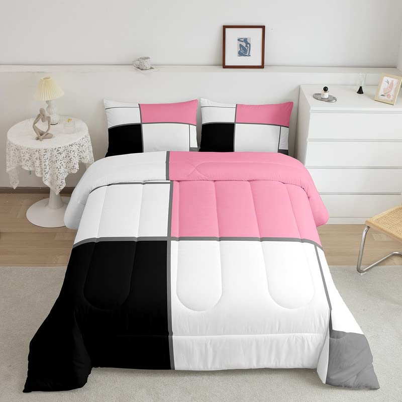Amazon.com: jejeloiu Modern Abstract Comforter Set King Size Pink White ...