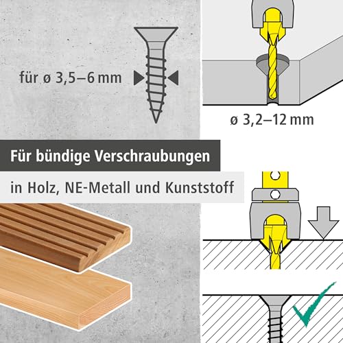 wolfcraft Vorbohrer mit Senker und Tiefenstopp - Vorbohren und Senken in einem Schritt - für Senkkopfschrauben mit einem Ø von 3,2– 12 mm - 2544000