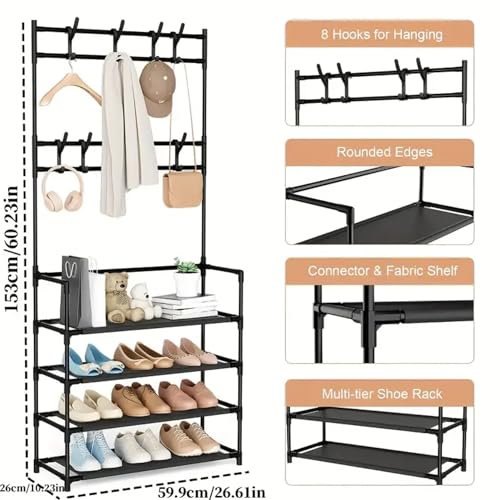 4 Tier Metal Coat and Shoe Rack Stand with 8 Hooks Freestanding Clothes Hanger Storage Organizer Space Saving Hallway Entryway Stand - Image 2