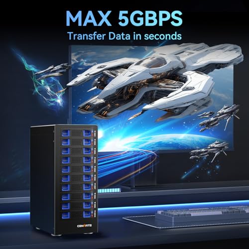Image of CENMATE Aluminum 10 Bay Hard Drive Enclosure with Cooling Fan for 2.5 inch /3.5 inch SATA HDD /SSD with USB A /C 3.0, Support Hot Swappable, Tool-Free HDD Enclosure, DAS(NO RAID /NAS)