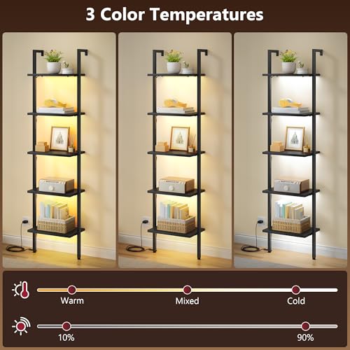 Tajsoon 5 Tier Ladder Shelf with Light, Wooden Wall Mounted Book Shelf, Ladder Bookshelf with Metal Frame, Wall Mounted Ladder Bookshelf for Office, Living Room, Bedroom, Black - Image 5