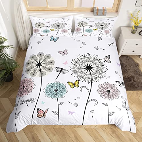 Castle Fairy Dragonfly Butterfly Duvet Cover Set King Size,Watercolor Dandelion Plant Comforter Cover With 2 Pillowcases,Nature Animals Bohemian White Chic Bedding Set For Adult Couple Room Decor cover