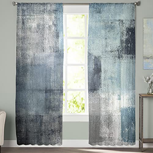 Sheer Window Curtain Panels Geometric Abstract Retro Painting,Semi Sheer Window Covering Privacy Drapes 2 Panel Sets Blue Gray Gradient Art Window Treatment For Kitchen/Living Room/Bedroom Decor #TOP1