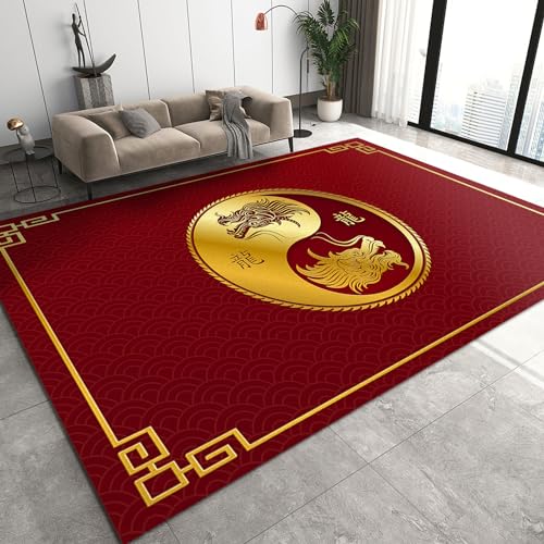 QUORIT Chinese Golden Dragon Area Rug, Chinese Style Traditional Red