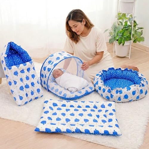 Image of Fareto Combo of Baby Nest | Net with Bed | Carry Bag | 4 Pcs Bedding Set(0-6 Months) (Fullset Nest) (Ele Blue)