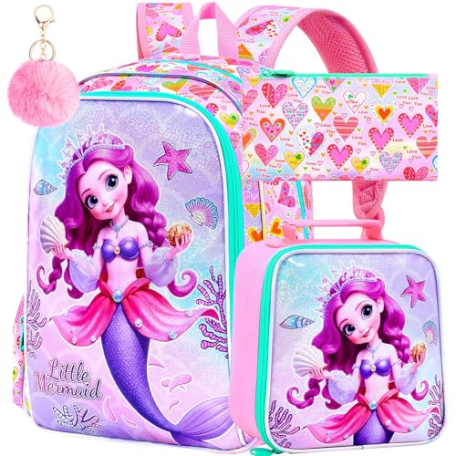Image of CCJPX 16 inch Mermaid Backpack for Girls, 3Pcs Kids Bookbag with Lunch Box, Water Resistant Elementary School Bag for Kindergarten Preschool Toddler (Pink)