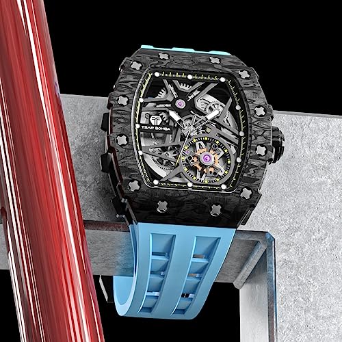 Image of TSAR BOMBA Men's Automatic Watch Tonneau Luxury Skeleton Watches for Men Mechanical 50M Waterproof Analogue Watches Mens Unique Cool Square Big Face Dial Wristwatch with Silicone Strap Band