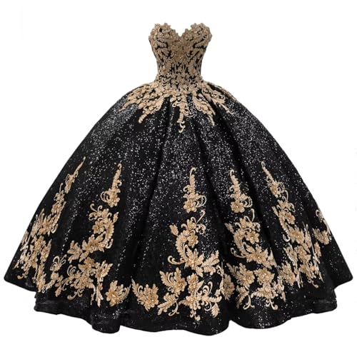 Zhangyo Glitter Sequin Quinceanera Dresses Ball Gown Gold Applique Sweet 16 Dresses Puffy Strapless Vestidos De 15 Años