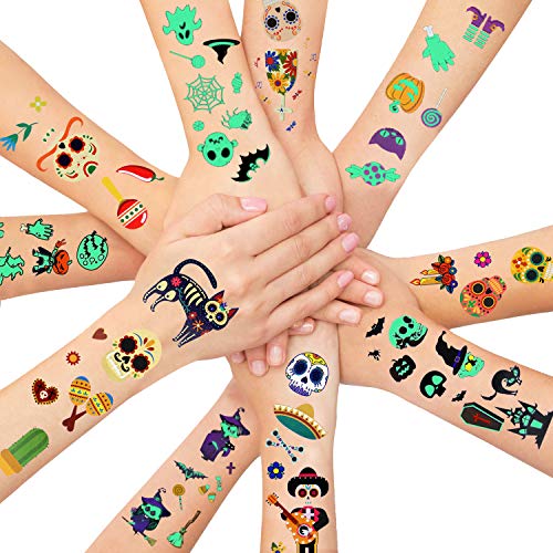 LITTLE SIENA Party Temporary Tattoos for Kids Halloween Makeup - 100 styles Party Supplies, Glow in The Dark, Pumpkin, Skull, Monster | Day of the Dead Decor Rick or Treat - 12 Sheets