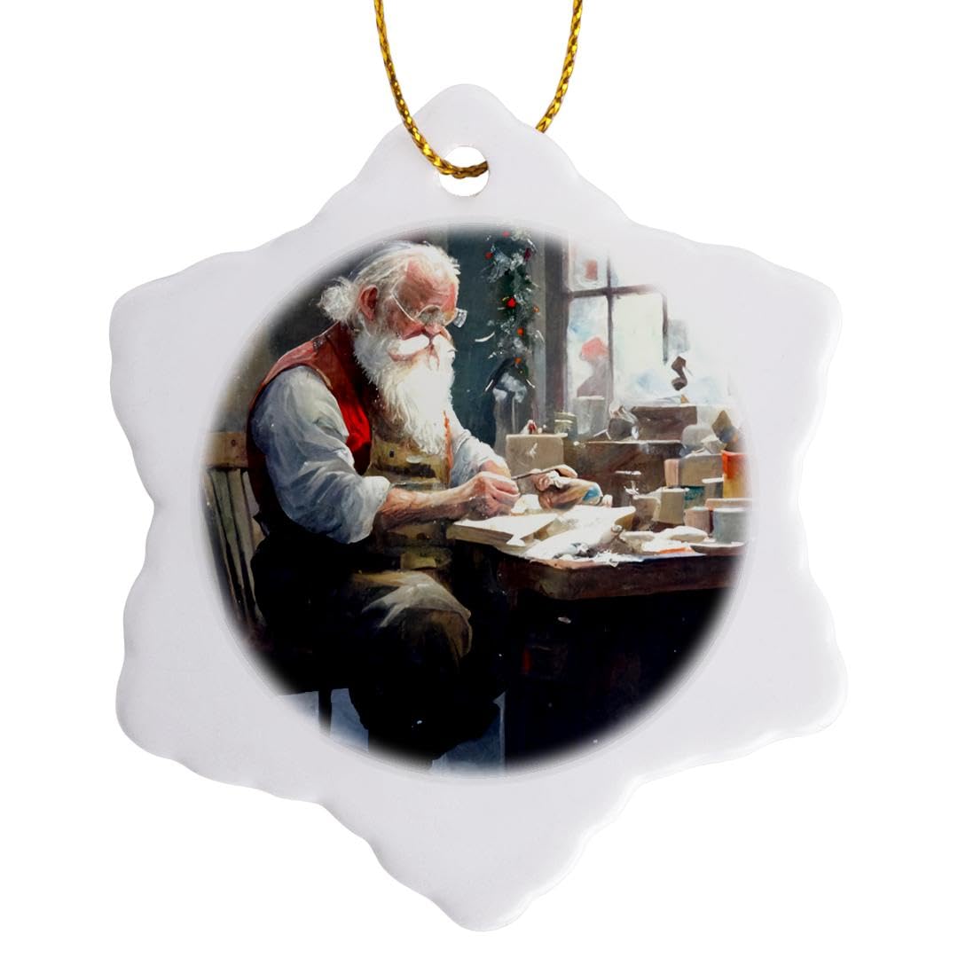 3 inch Snowflake Porcelain Ornament - Santa at his Workshop Desk Christmas