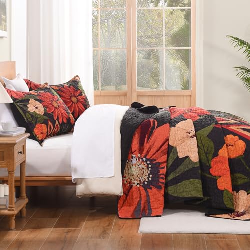 Image of Andency Floral Boho Quilt Super King Plus Size Bedding Set Black, 3 Pieces Farmhouse Flower Botanical Summer Bedspreads with 2 Shams, Soft Reversible Polyester Coverlet Set for All Season, 128 inchx120 inch