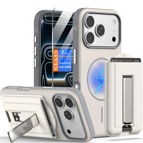 Image of Nvollnoe for iPhone 17 Pro Case with Card Holder & Screen Protector, Compatible with Magsafe, Built-in Kickstand, Detachable Magnetic Wallet Case for iPhone 17 Pro(White)