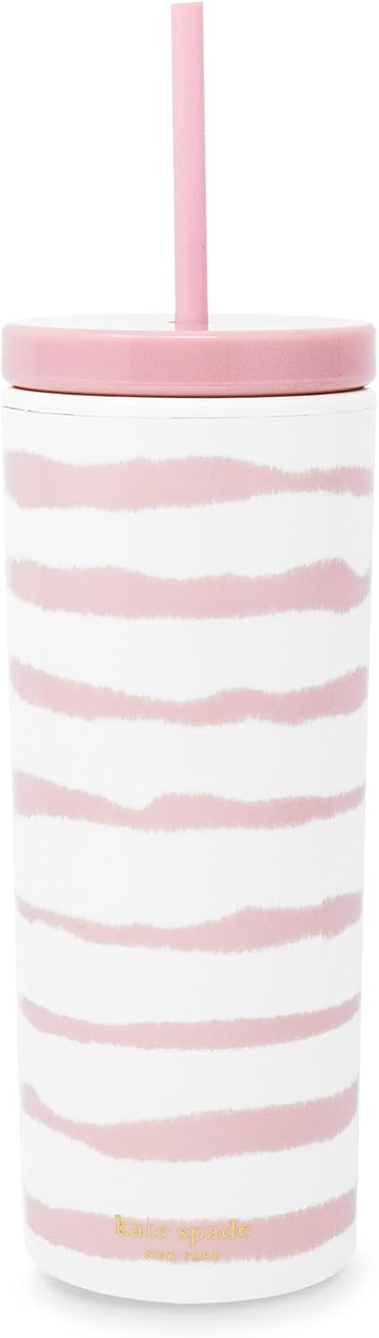 kate spade new york Acrylic Tumbler with Lid and Straw, 24 oz Tumbler, Slim Double Wall Tumbler (Goddess Stripe)
