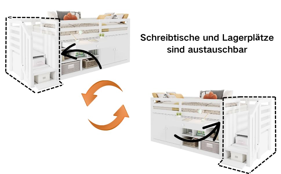 xixiworkshop Hochbett 90x200cm, Multifunktionales Jugendbett mit austauschbar Tisch/Schrank/Treppen/Leiter Bett mit Stauraum, Einzelbett Rausfallschutz ohne Matratze
