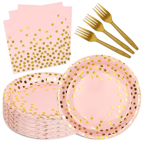 Upigi Pink and Gold Paper Plates and Napkins Party Supplies,Serves 25 Guests Pink Gold Plates and Napkins,Disposable Paper Tableware Set for Birthday Wedding Bridal Shower Baby Shower Decorations