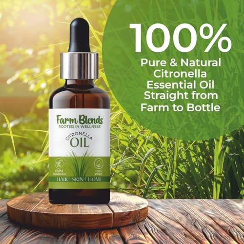 Image of Farm Blends Citronella Essential Oil | 100% Undiluted Pure | Natural Mosquito Repellent, Anti Acne, Anti Dandruff, Removes Bad Odor, Diffuser | Farm To Home | Cymbopogon winterianus | 10ML + 10ML (Pack of 2)