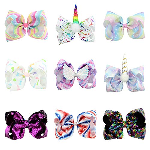 9 Pcs 8’’ Hair Bows Hand-Made Grosgrain Ribbon Hair Bow Alligator Clips Unicorn Hair Bows Hair Accessories for Girls