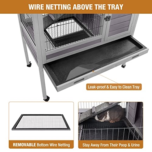 Rabbit Hutch Indoor, Bunny Cage Pet House for Small Animals Guinea Pig Cage on Wheels - Removable Wire Mesh - Thumbnail 3