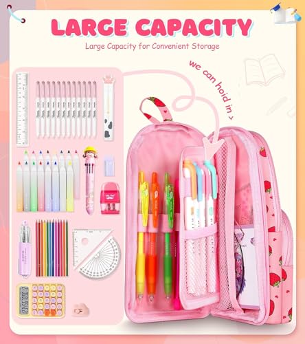 Image of Dravina Canvas Large Capacity Pencil Pouch with 3 Zippers & 5 Compartments| Aesthetic Stationary Standing Pencil Case| Waterproof School Box for Girls & Boys Unicorn Pencil Box (Pink Strawberry)