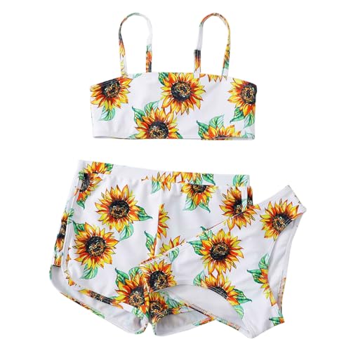 Conjunto de Bikini Niña 3 Piezas 7-14 Años Traje de Baño Niña Adolescente Natacion Bañador Piscina Trikini Tankini Deportivo Elegante Top Bandeau y Bragas y Shorts Playa Verano (Amarillo, 9-10 años)