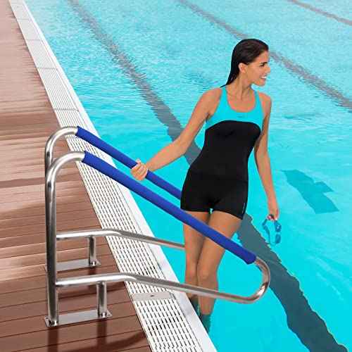 55\"L x 32\"H Swimming Pool Handrails for Inground Pools, 304 Stainless Steel Load Capacity 385 Lbs Pool Handrail with Blue Handle Covers and Quick Install Fittings