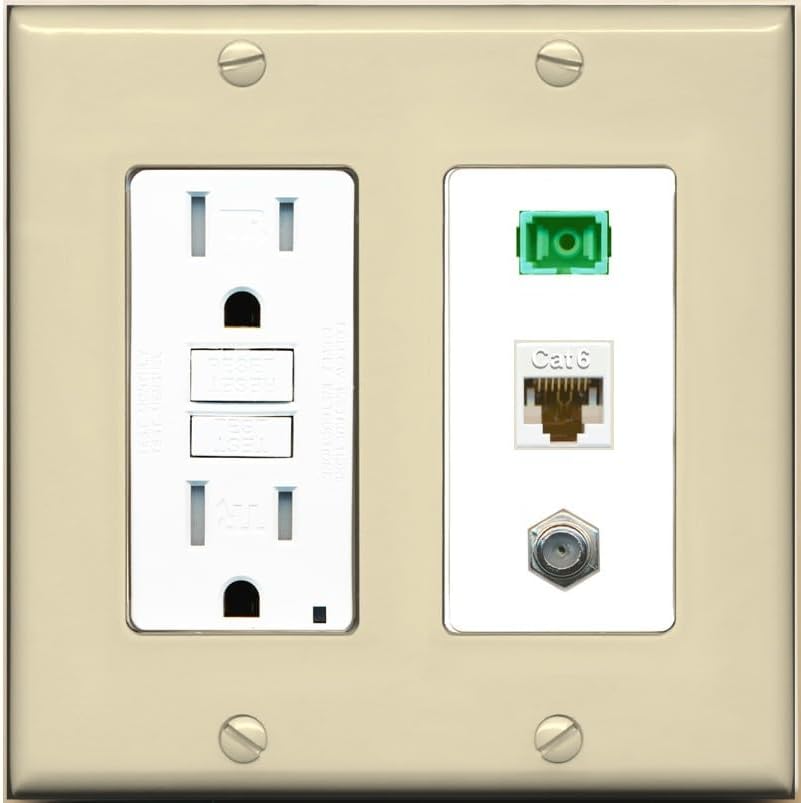 RiteAV 1 Port Fiber Optic Jack SC Simplex APC + Cat6 + Coax Wall Plate - GFCI Outlet [Black/White]