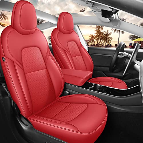 MeeKooMay Tesla Model 3 Seat Covers Custom Fit 2017 2018 2019 2020 2021 2022 2023 Nappa Leather Car Interior Seat Airbag Compatible Cushion Cover Full Set (Red-Model 3)