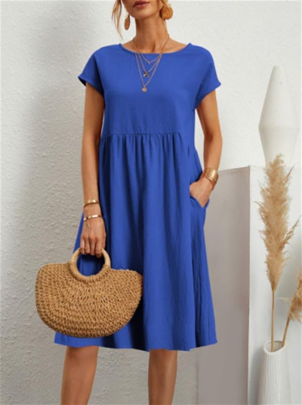 Dresses for Women 2024 Summer Cotton Linen Solid Gauze Dress Loose Casual Beach Vacation Flowy Midi Dress with Pockets - Image 2