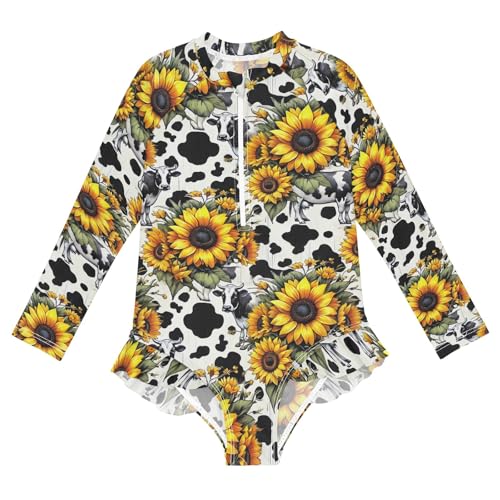CHIFIGNO One Piece Swimsuits Girls Quick Dry Rash Guard Zipper Swimwear Sport Bathing Suit UPF 50+, Sunflowers Cow Print, 4T